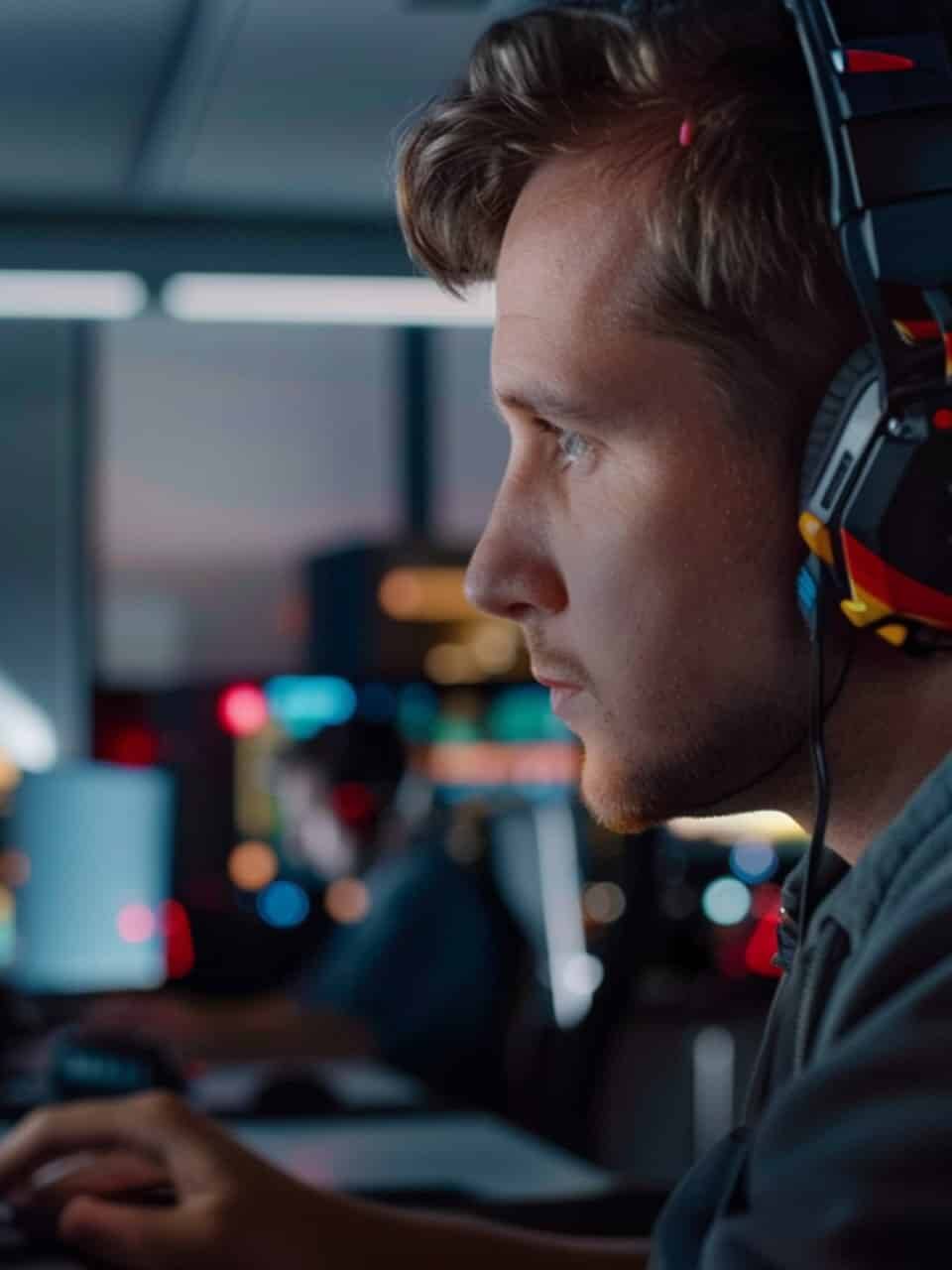 A young man with headphones sits at a desk in front of multiple computer monitors in a dimly-lit room, with a blurred German flag in the background